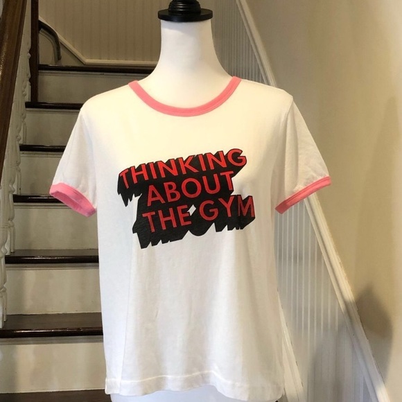 WILD FOX Pink Contrast Trim Thinking About Going To The Gym Slogan Tee Sz MD NWT - Picture 1 of 13